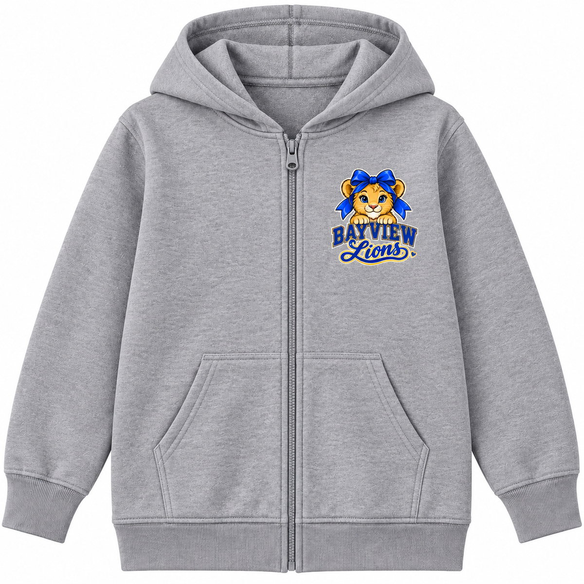 Bayview Elementary West Islip bow lion zip-hoodie, Heather Gray, front view