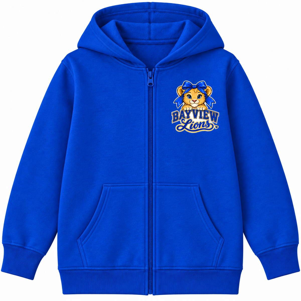 Bayview Elementary West Islip bow lion zip-hoodie, Royal Blue, front view