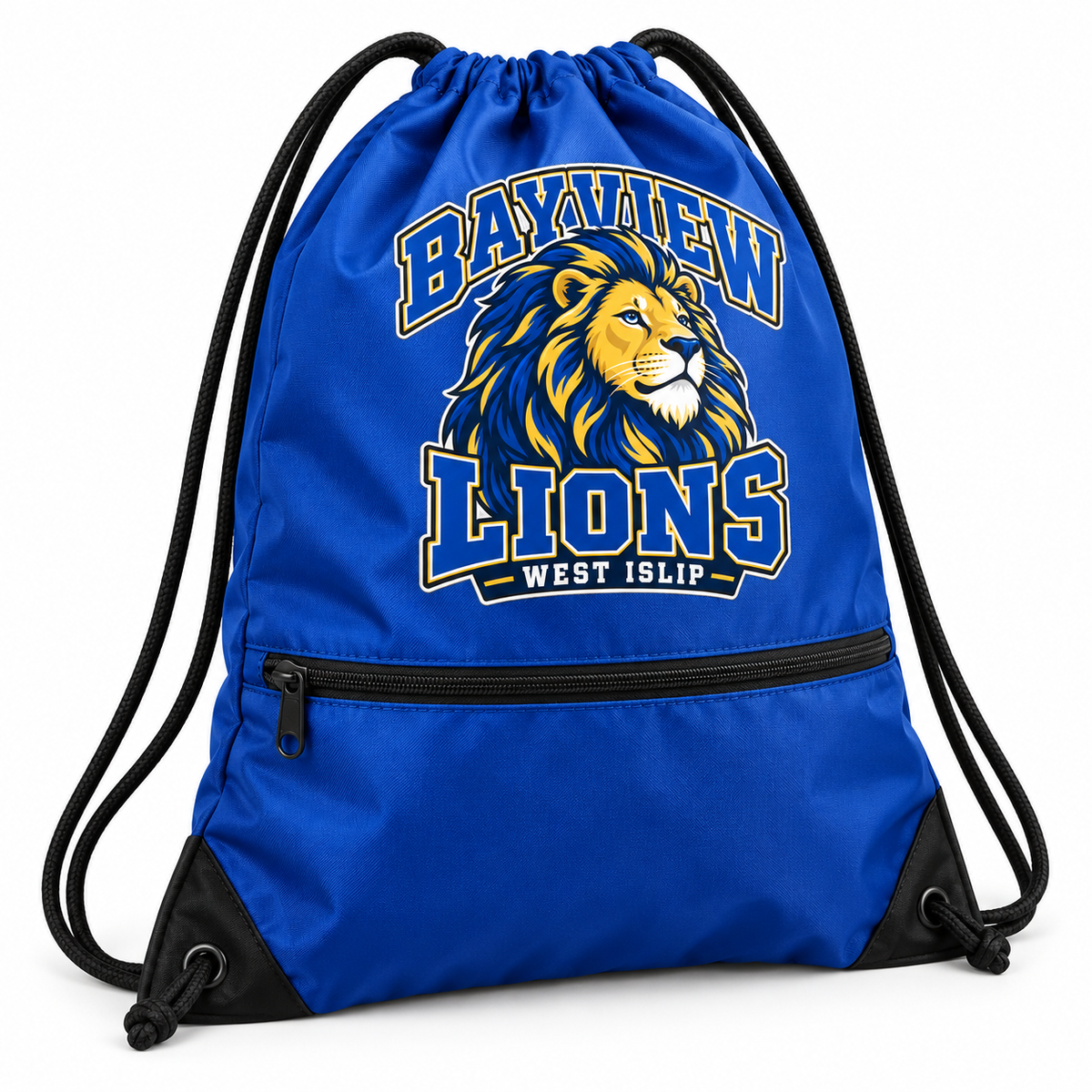 Bayview Zip Drawstring Backpack — redesigned Bayview Lions artwork, Royal Blue