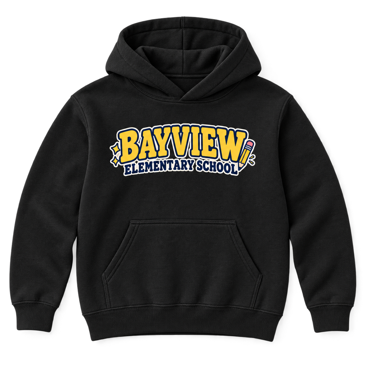 Bayview Elementary School youth hoodie in Black — yellow school lettering and pencil front graphic