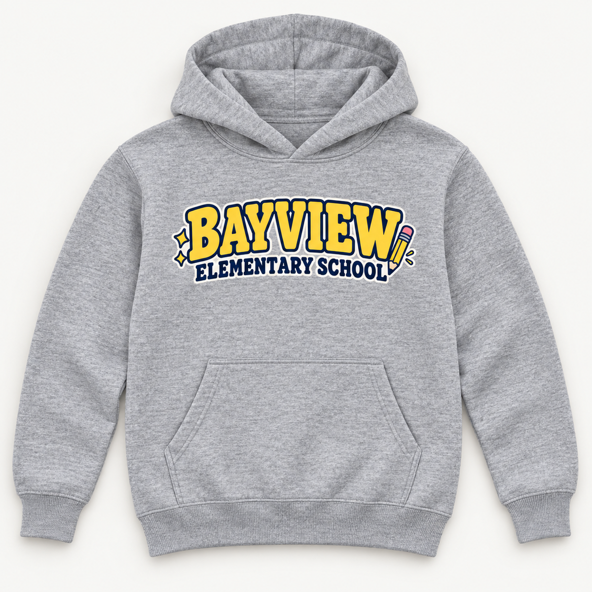 Bayview Elementary School youth hoodie in Sport Grey heather gray — yellow school lettering and pencil front graphic
