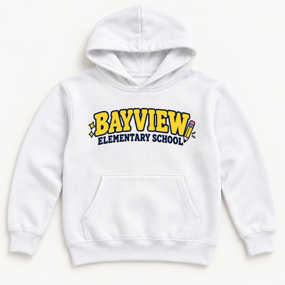Bayview Elementary School youth hoodie in White — yellow school lettering and pencil front graphic