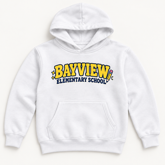 Bayview Elementary School youth hoodie in White — yellow school lettering and pencil front graphic