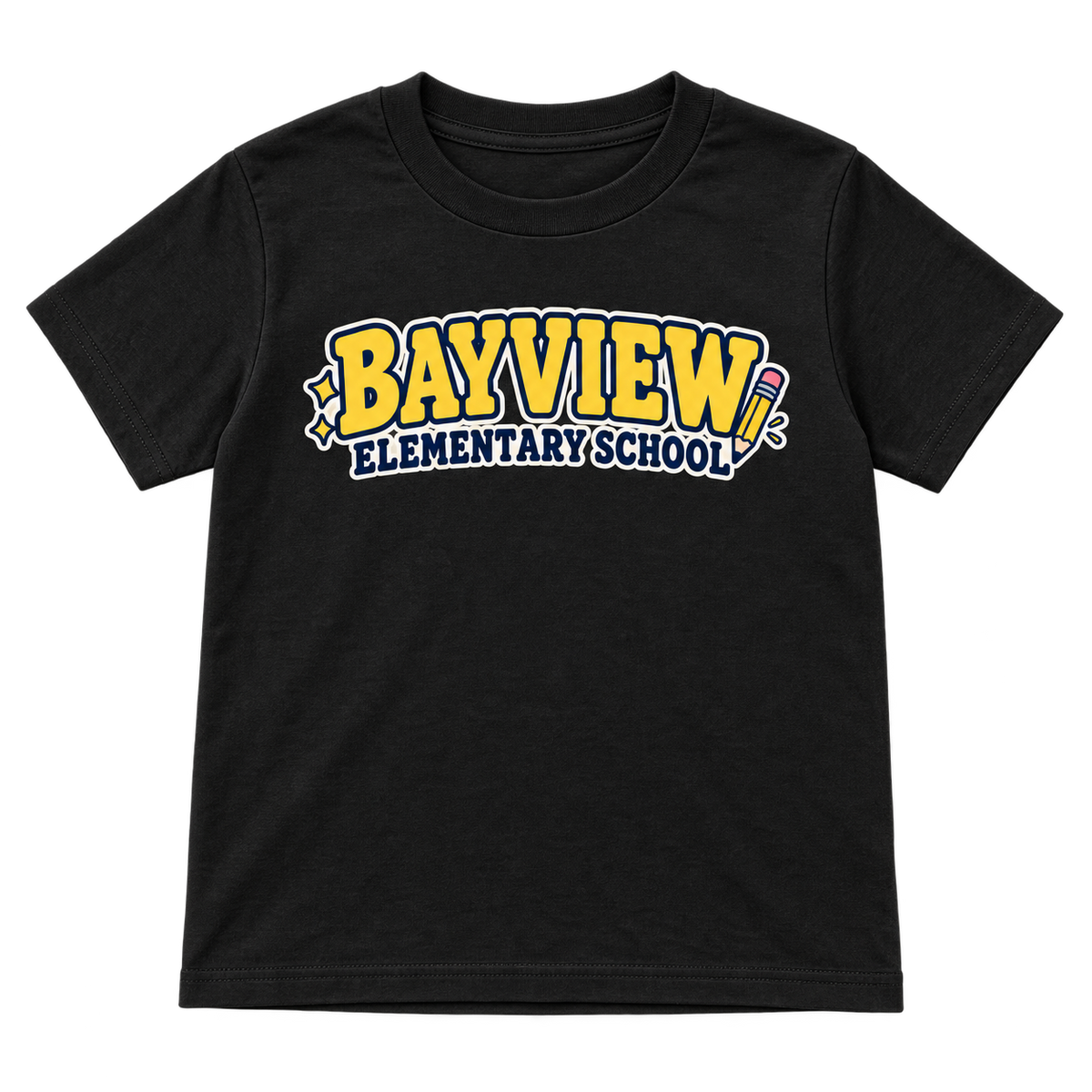 Bayview Elementary School youth tee in Black — yellow school lettering and pencil front graphic