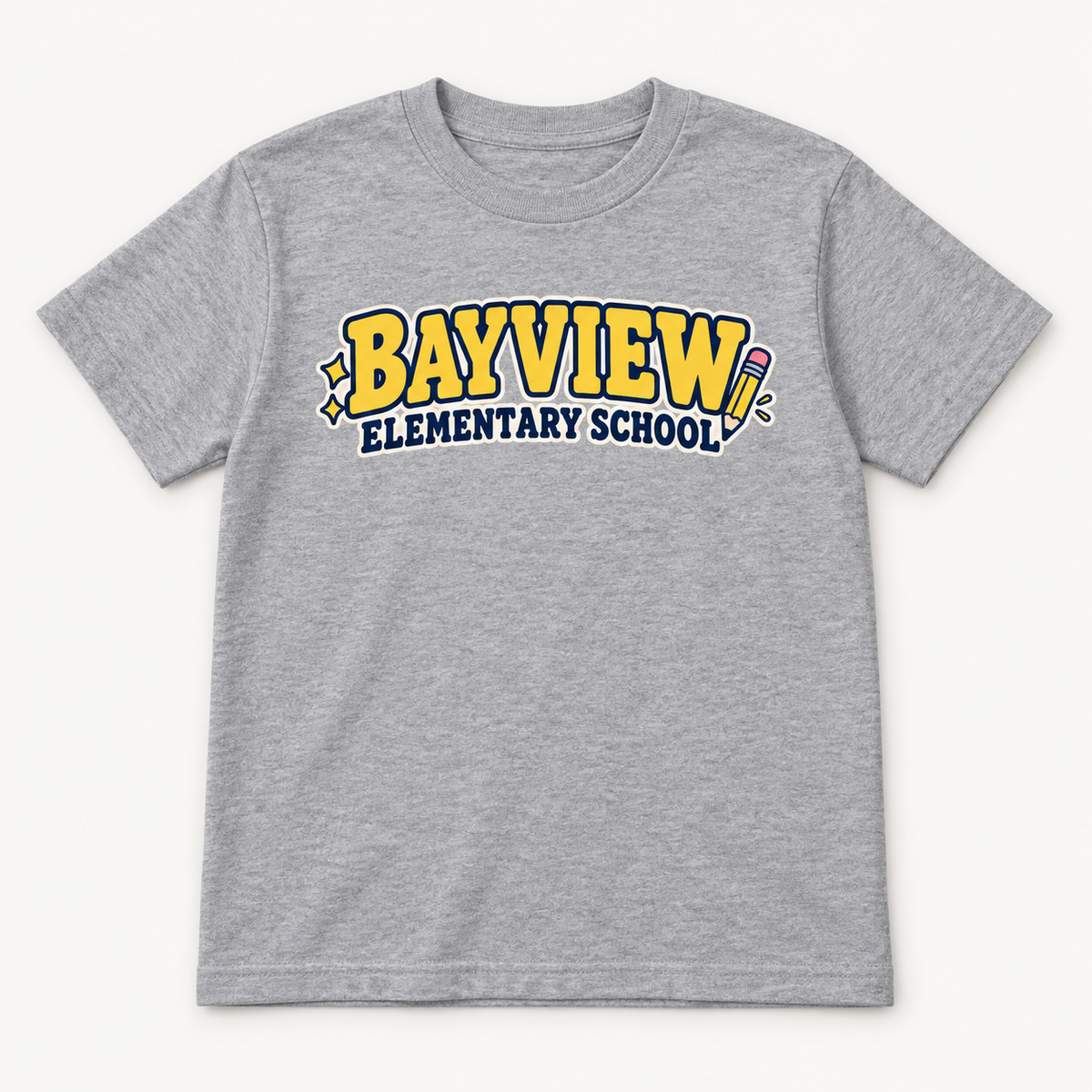 Bayview Elementary School youth tee in Sport Grey with yellow school lettering and pencil graphic