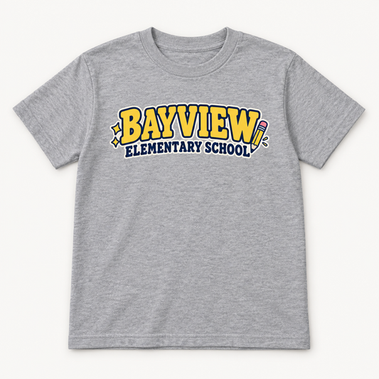Bayview Elementary School youth tee in Sport Grey with yellow school lettering and pencil graphic