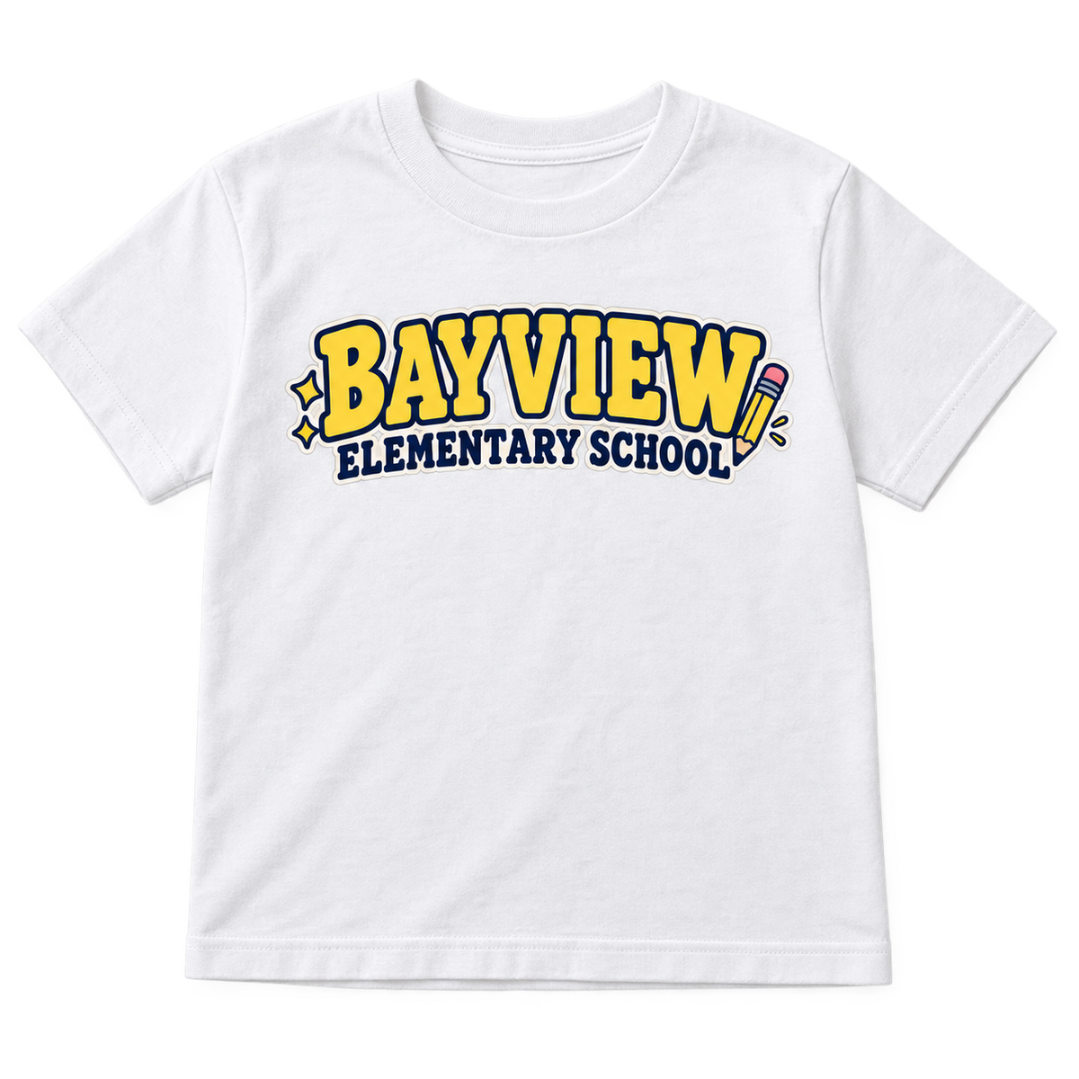 Bayview Elementary School youth tee in White — yellow school lettering and pencil front graphic