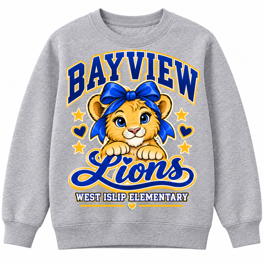 Bayview Girls Varsity Script Crewneck — redesigned Bayview Lions artwork, Heather Gray