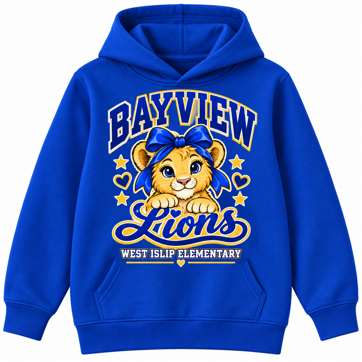 Bayview Girls Lion Heart Hoodie — redesigned Bayview Lions artwork, Royal Blue