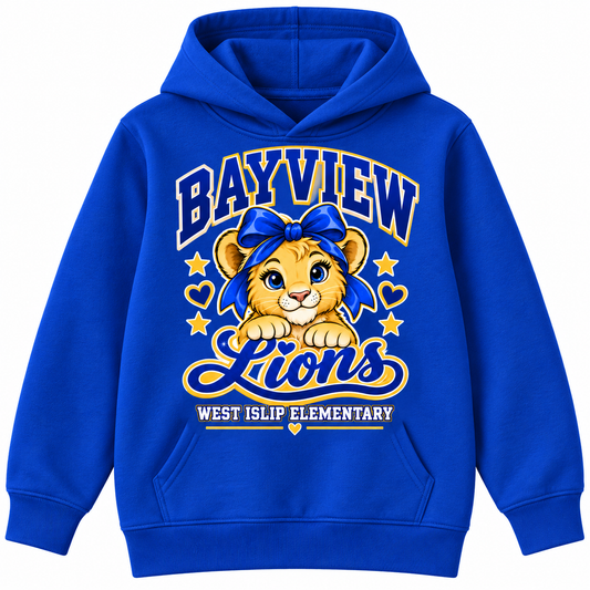 Bayview Girls Lion Heart Hoodie — redesigned Bayview Lions artwork, Royal Blue