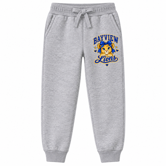 Bayview Girls Blue Gold Joggers — redesigned Bayview Lions artwork, Heather Gray