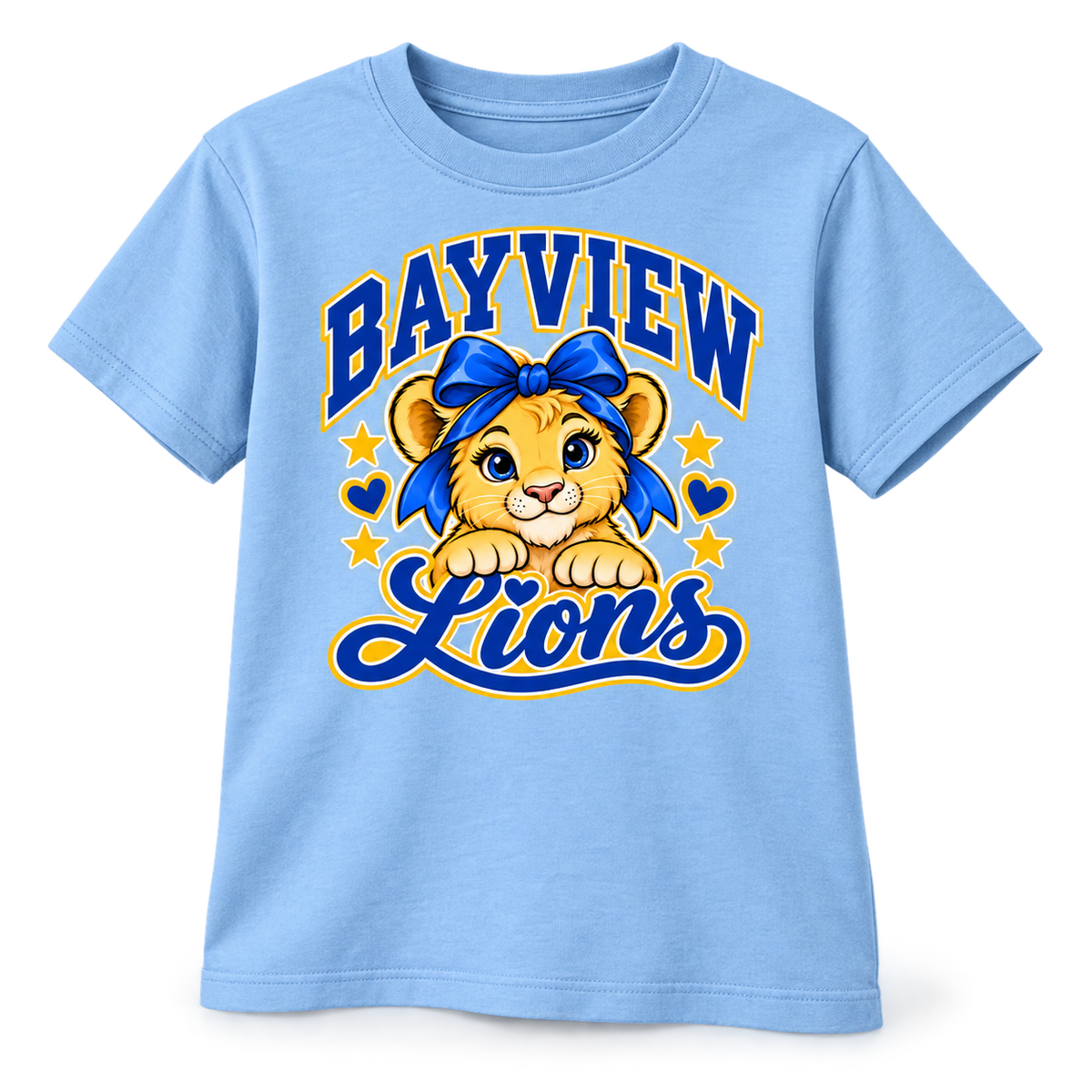 Bayview Girls Preppy Bow Lion Tee — Light Blue, redesigned Bayview lion artwork