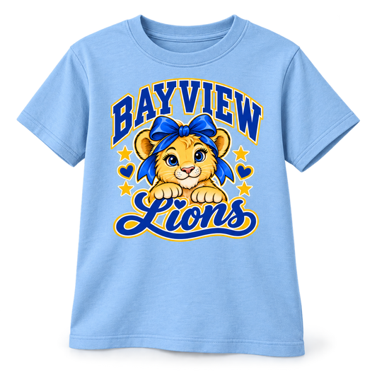 Bayview Girls Preppy Bow Lion Tee — Light Blue, redesigned Bayview lion artwork