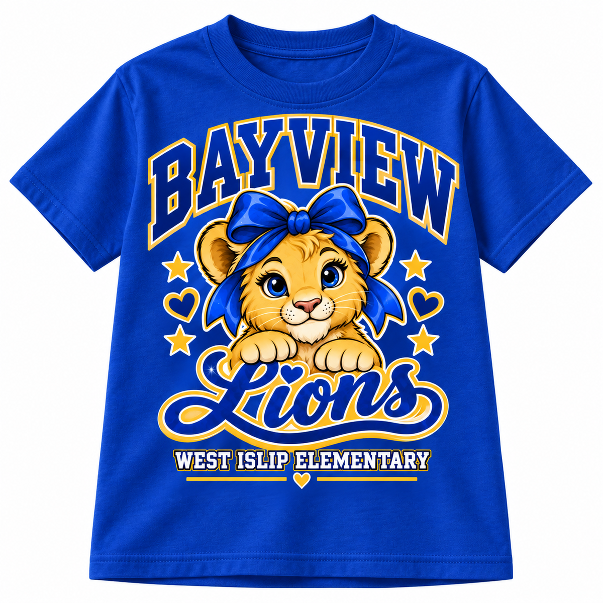 Bayview Girls Sparkle Lion Tee — redesigned Bayview Lions artwork, Royal Blue