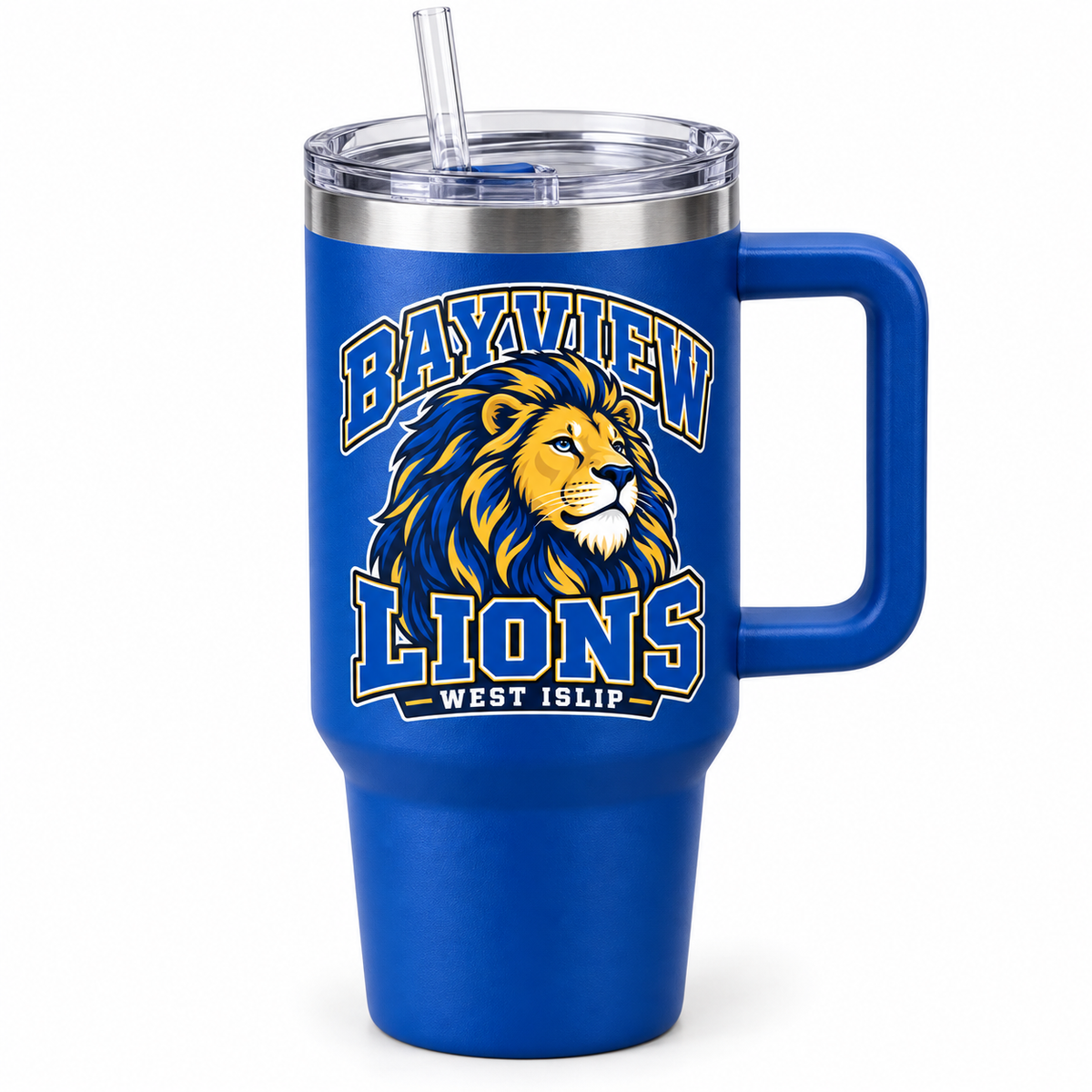 Bayview Lions 40 oz handled straw tumbler, Royal Blue — varsity lion design