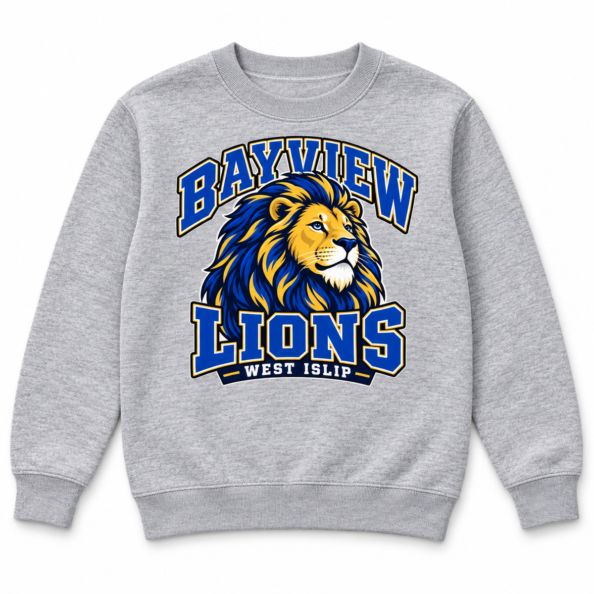 Bayview Elementary Youth Blue Gold Crewneck — Heather Gray, new varsity lion artwork