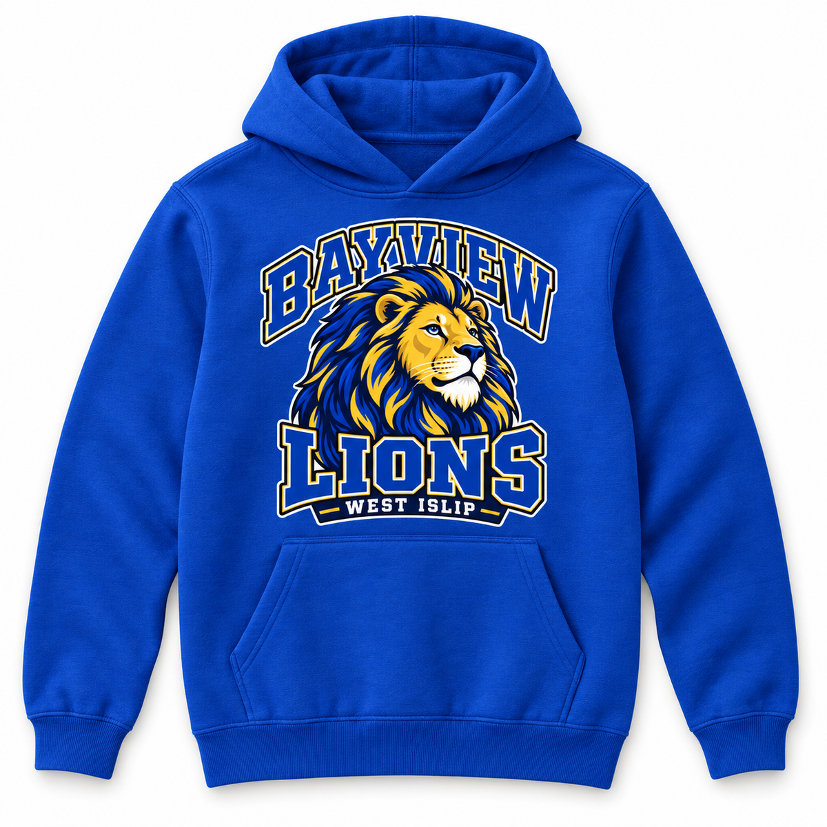 Bayview Elementary Youth Lion Crest Hoodie — Royal Blue, new varsity lion artwork