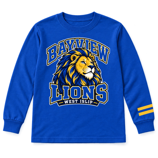 Bayview Elementary Youth Paw Pride Long Sleeve — Royal Blue, new varsity lion artwork