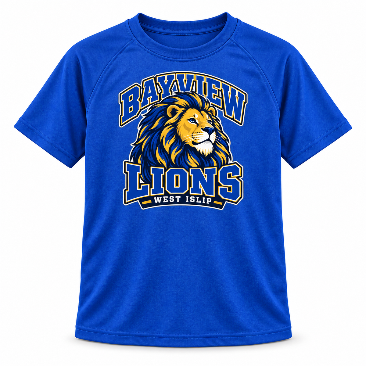 Bayview Elementary Youth Performance Tee — Royal Blue, new varsity lion artwork