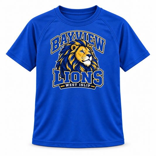 Bayview Elementary Youth Performance Tee — Royal Blue, new varsity lion artwork