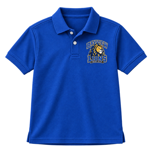 Bayview Elementary Youth Piqué Polo — Royal Blue, new varsity lion artwork