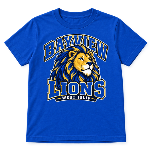 Bayview Elementary Youth Lion Varsity Tee — Royal Blue, new varsity lion artwork