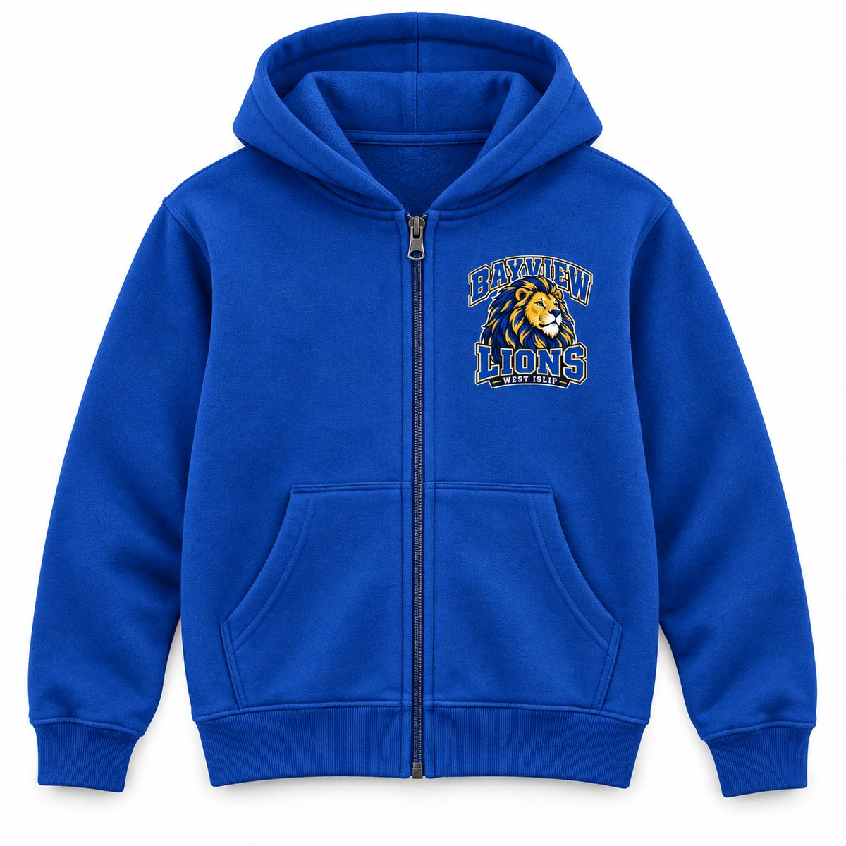 Bayview Elementary Youth Zip Hoodie — Royal Blue, new varsity lion artwork