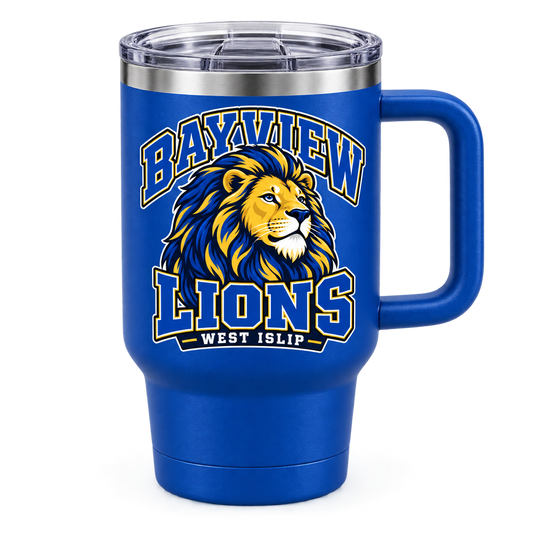 Bayview 30 oz Handle Tumbler — Royal Blue, new varsity lion artwork