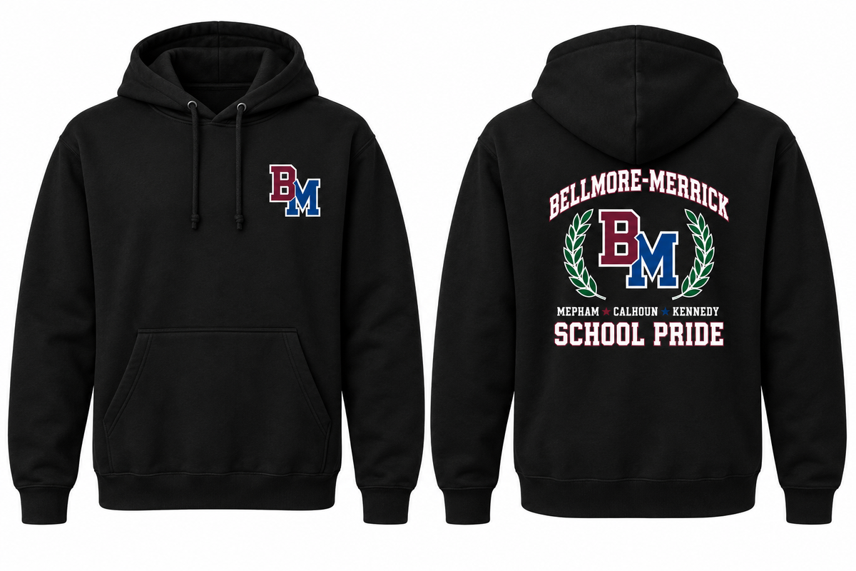 BELLMORE-MERRICK SCHOOL PRIDE black hoodie front and back