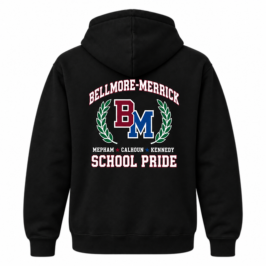 Bellmore-Merrick Varsity Hoodie — Black — single black garment back view