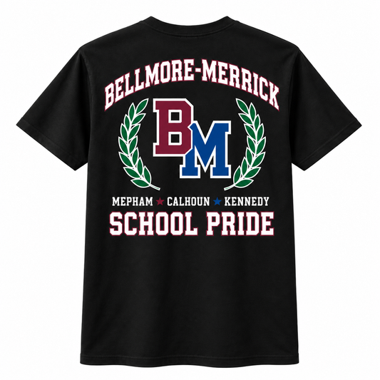 Bellmore-Merrick Varsity Tee — Black — single black garment back view