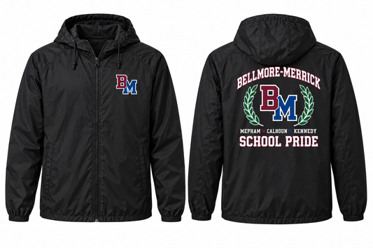 Bellmore-Merrick Varsity Windbreaker — Black front and back