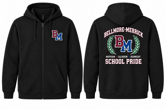 Bellmore-Merrick Varsity Zip-Up Hoodie — Black front and back