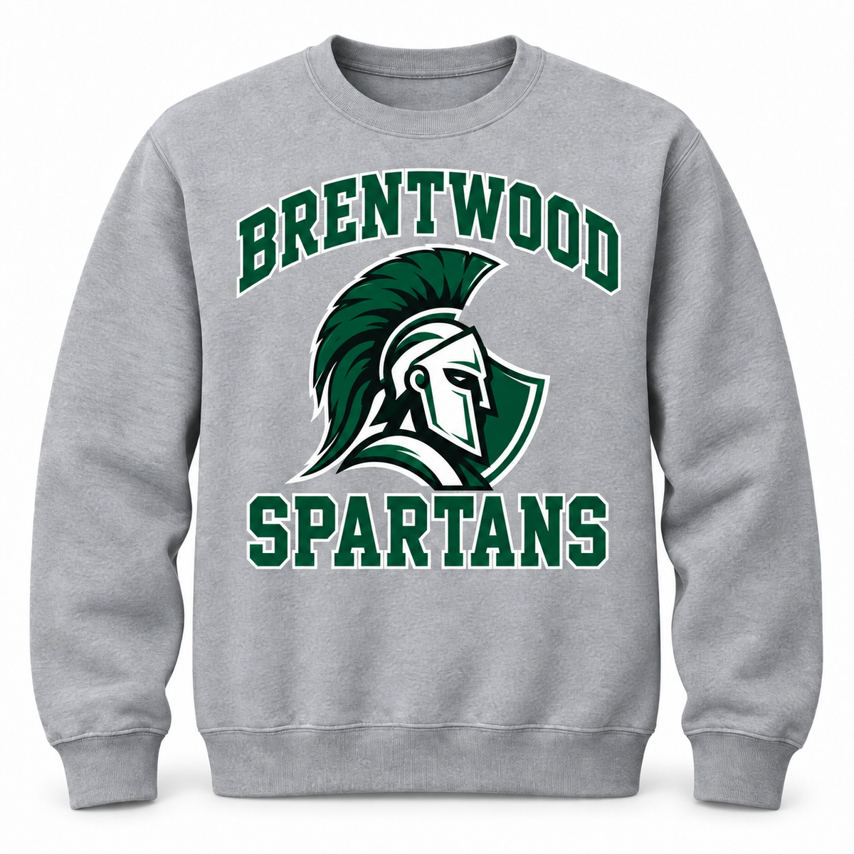 Brentwood Spartans Crest Crewneck Sweatshirt in Heather Gray, front view