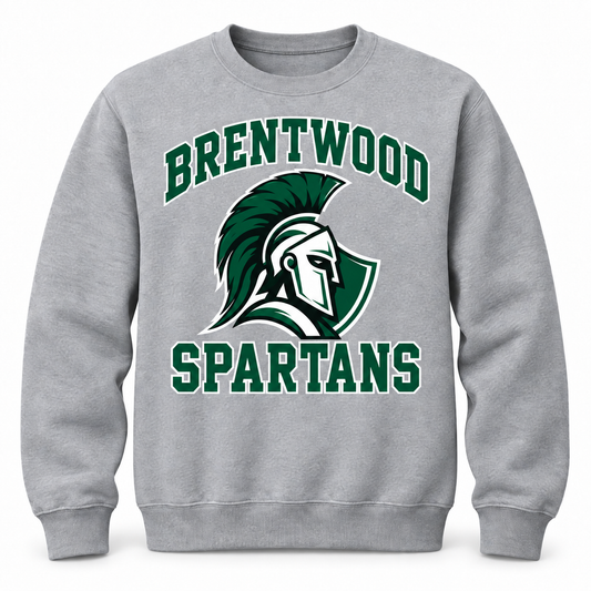 Brentwood Spartans Crest Crewneck Sweatshirt in Heather Gray, front view