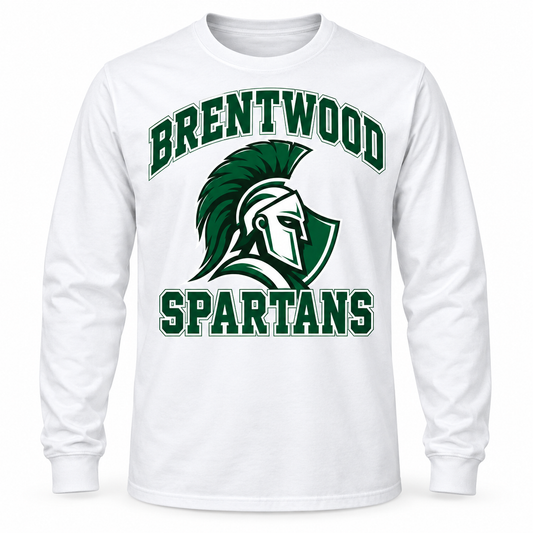 Brentwood Spartans Collegiate Long Sleeve Tee in White, front view