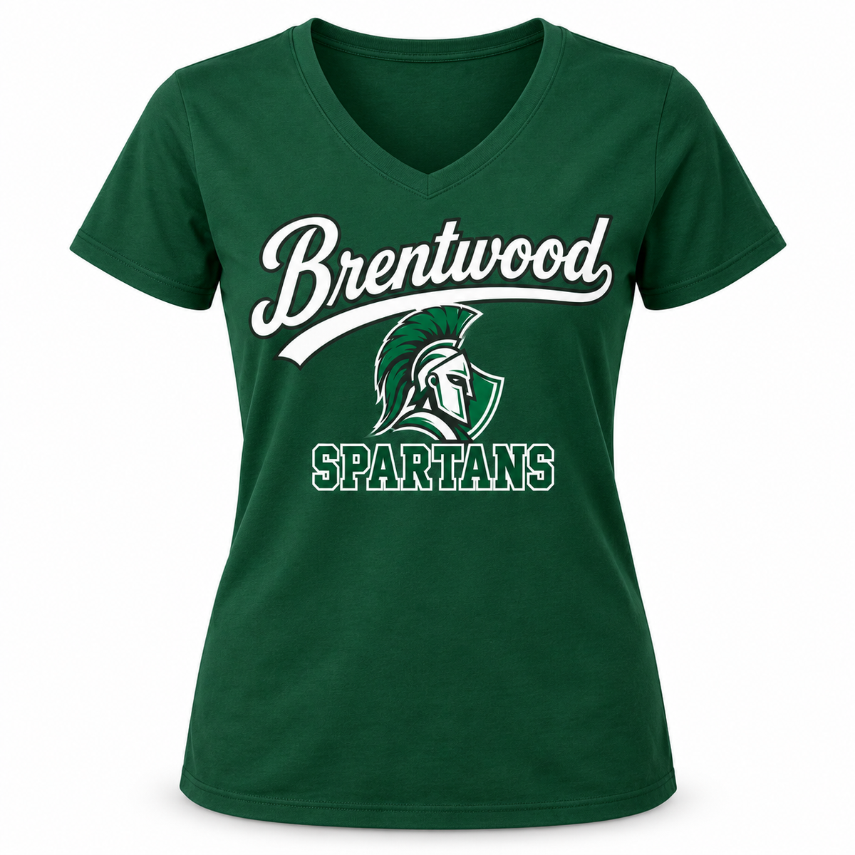 Brentwood Spartans Women's Script V-Neck Tee in Forest Green, front view