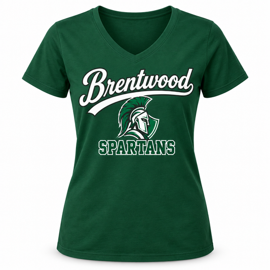 Brentwood Spartans Women's Script V-Neck Tee in Forest Green, front view