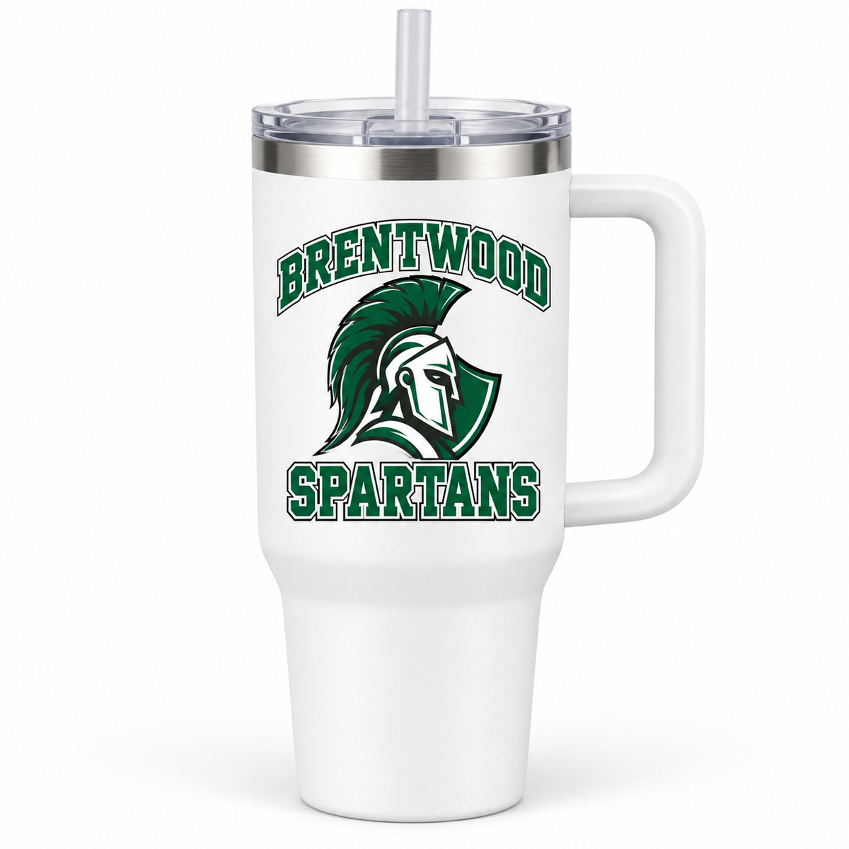 Brentwood Spartans Crest Handled Tumbler in White, front view