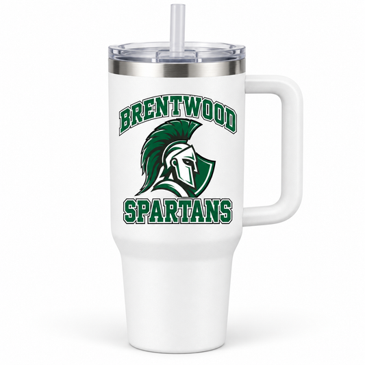 Brentwood Spartans Crest Handled Tumbler in White, front view