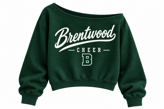 Brentwood Cheer Women's Heritage Script Off-Shoulder Crop Sweatshirt in Dark Green