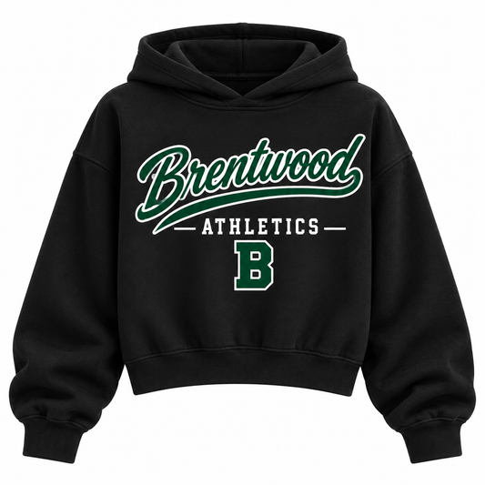 Brentwood Athletics black cropped hoodie with heritage school script and varsity monogram on front
