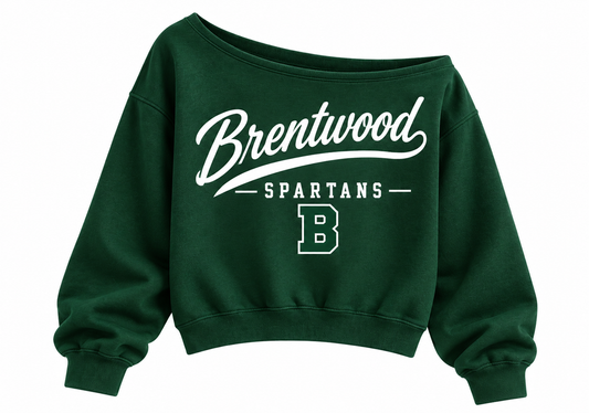 Brentwood Spartans Women's Heritage Script Off-Shoulder Crop Sweatshirt in Dark Green