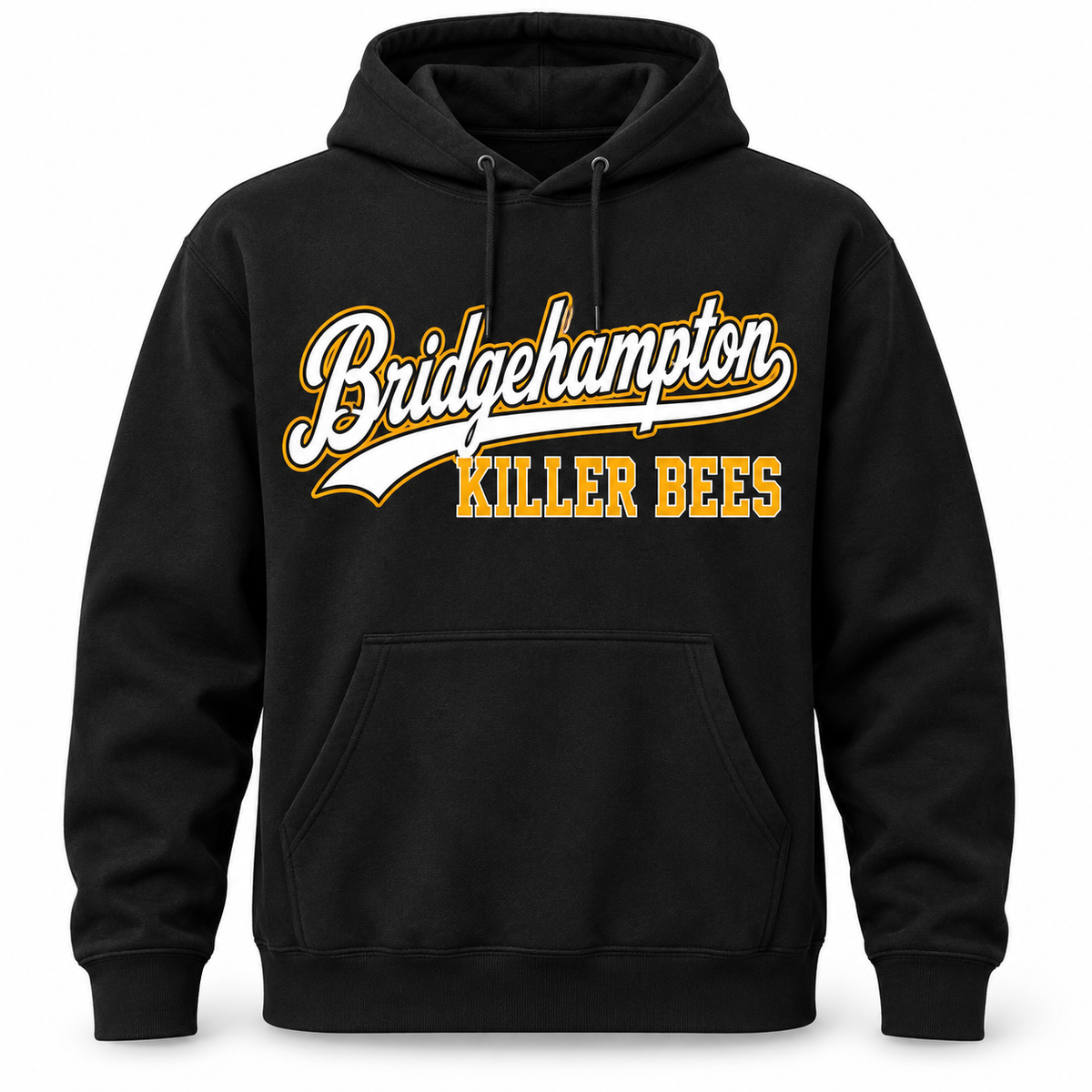 Bridgehampton Killer Bees Script Pullover Hoodie in Black, front view