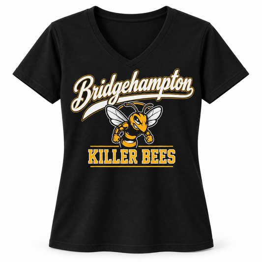 Bridgehampton Killer Bees Women's Script V-Neck Tee in Black, front view