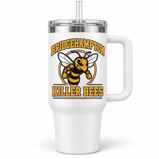 Bridgehampton Killer Bees Crest Handled Tumbler in White, front view