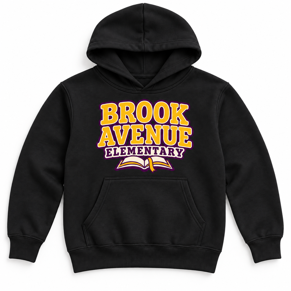 Brook Avenue Elementary youth hoodie in Black, yellow and plum lettering with open-book front graphic