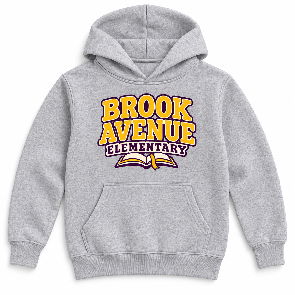 Brook Avenue Elementary youth hoodie in Sport Grey heather gray, yellow and plum lettering with open-book front graphic