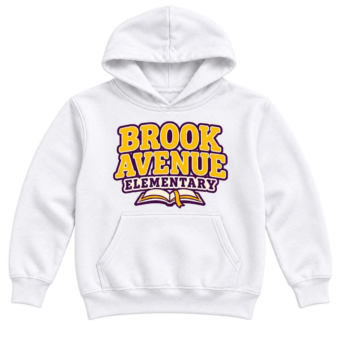 Brook Avenue Elementary youth hoodie in White, yellow and plum lettering with open-book front graphic