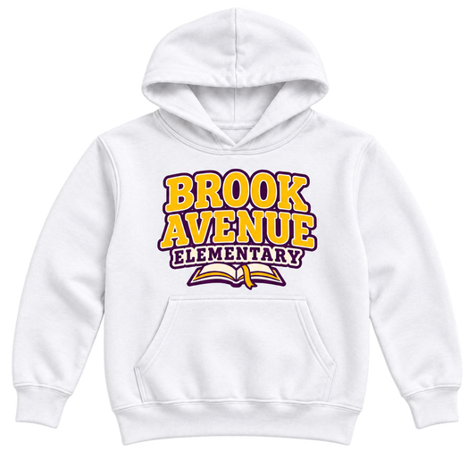 Brook Avenue Elementary youth hoodie in White, yellow and plum lettering with open-book front graphic